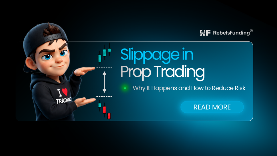 Slippage in prop trading explained with RebelsFunding mascot and candlestick chart