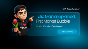 Tulip Mania explained with a RebelsFunding trader mascot holding a tulip