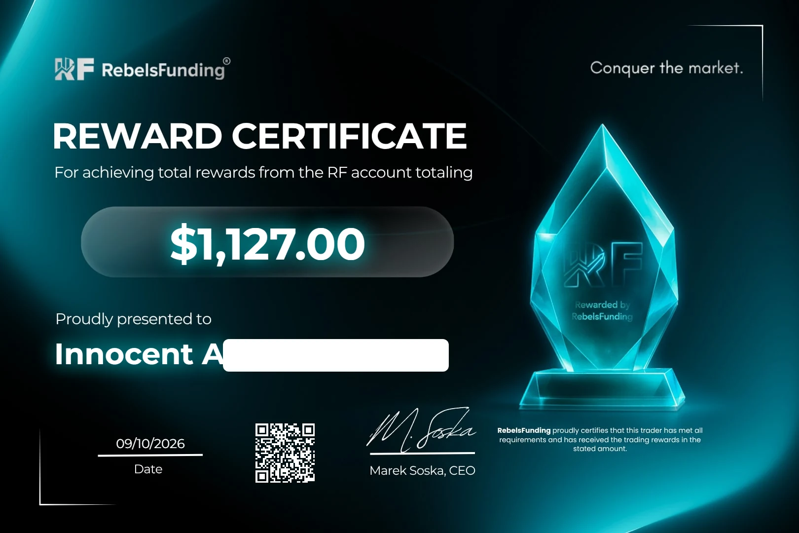 Reward certificate $1,127