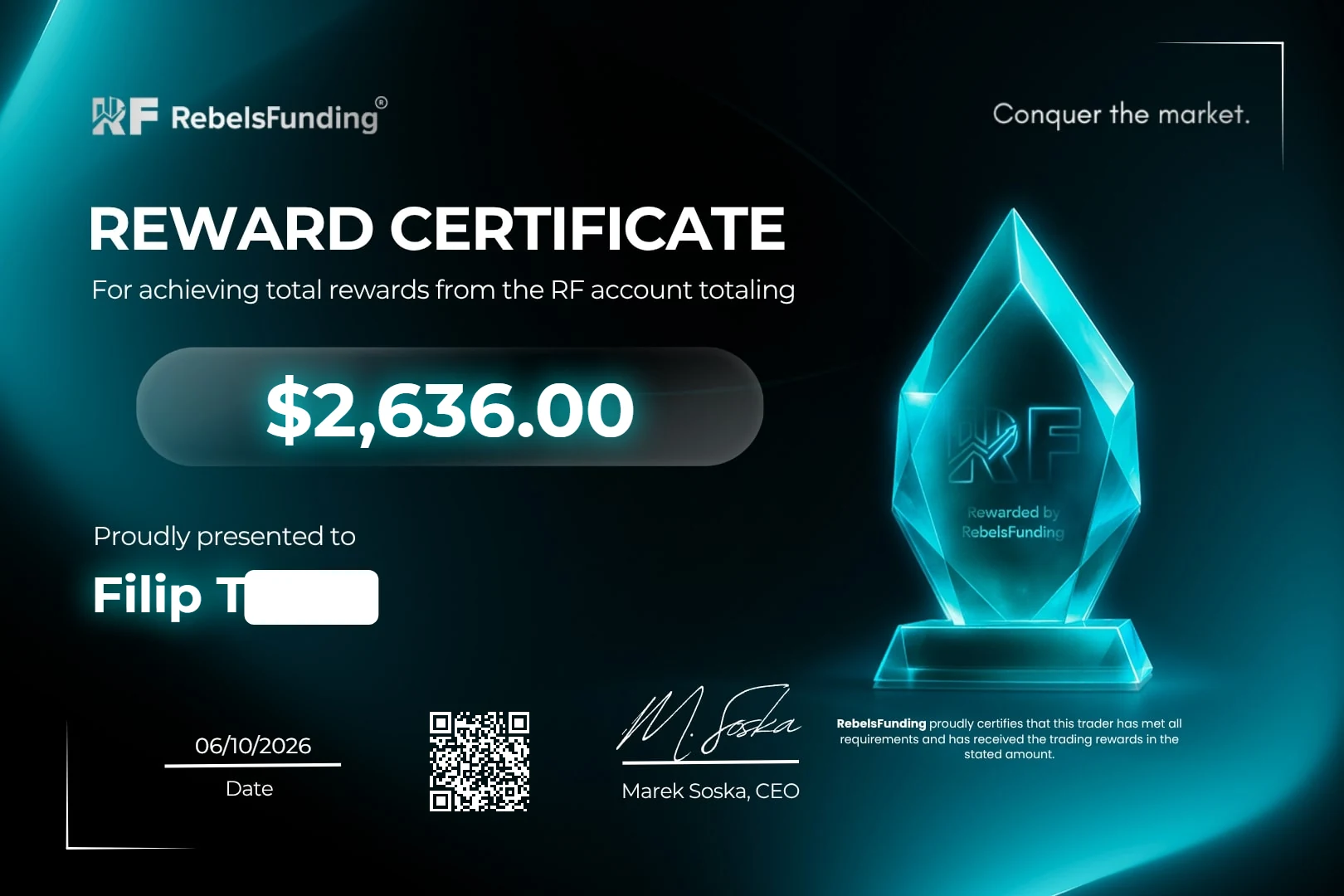 Reward certificate $2,636