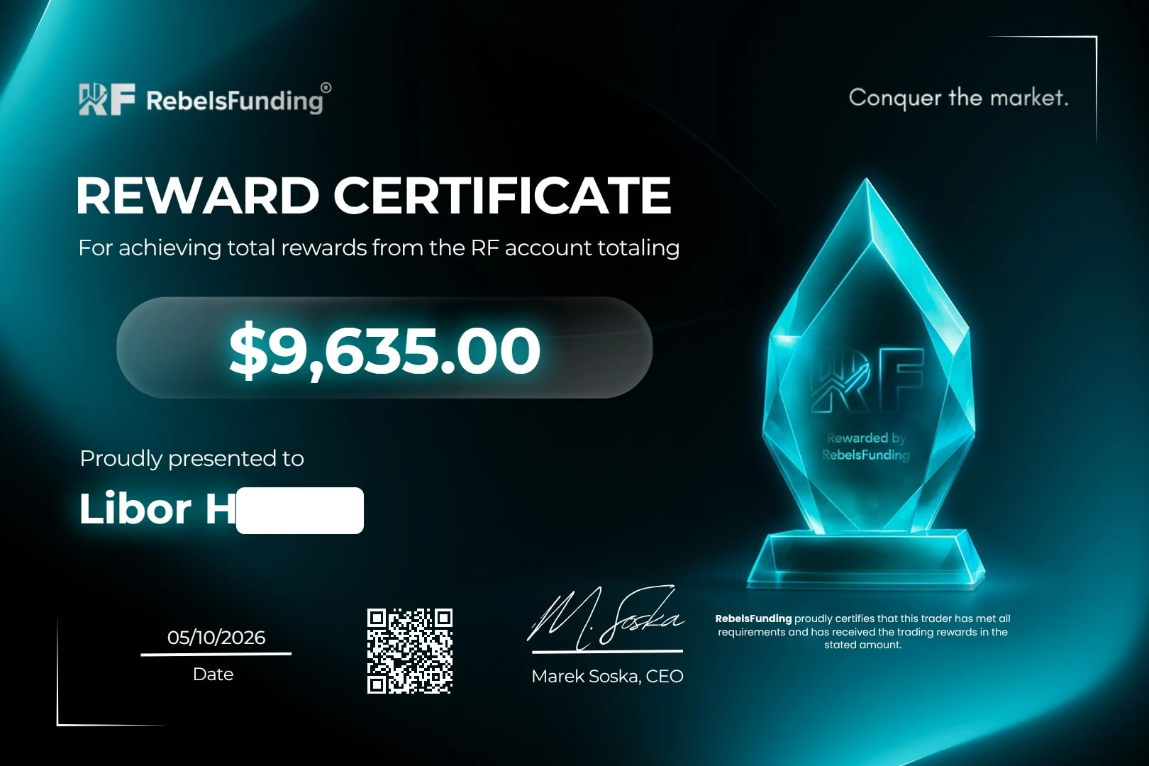 Reward certificate $9,635