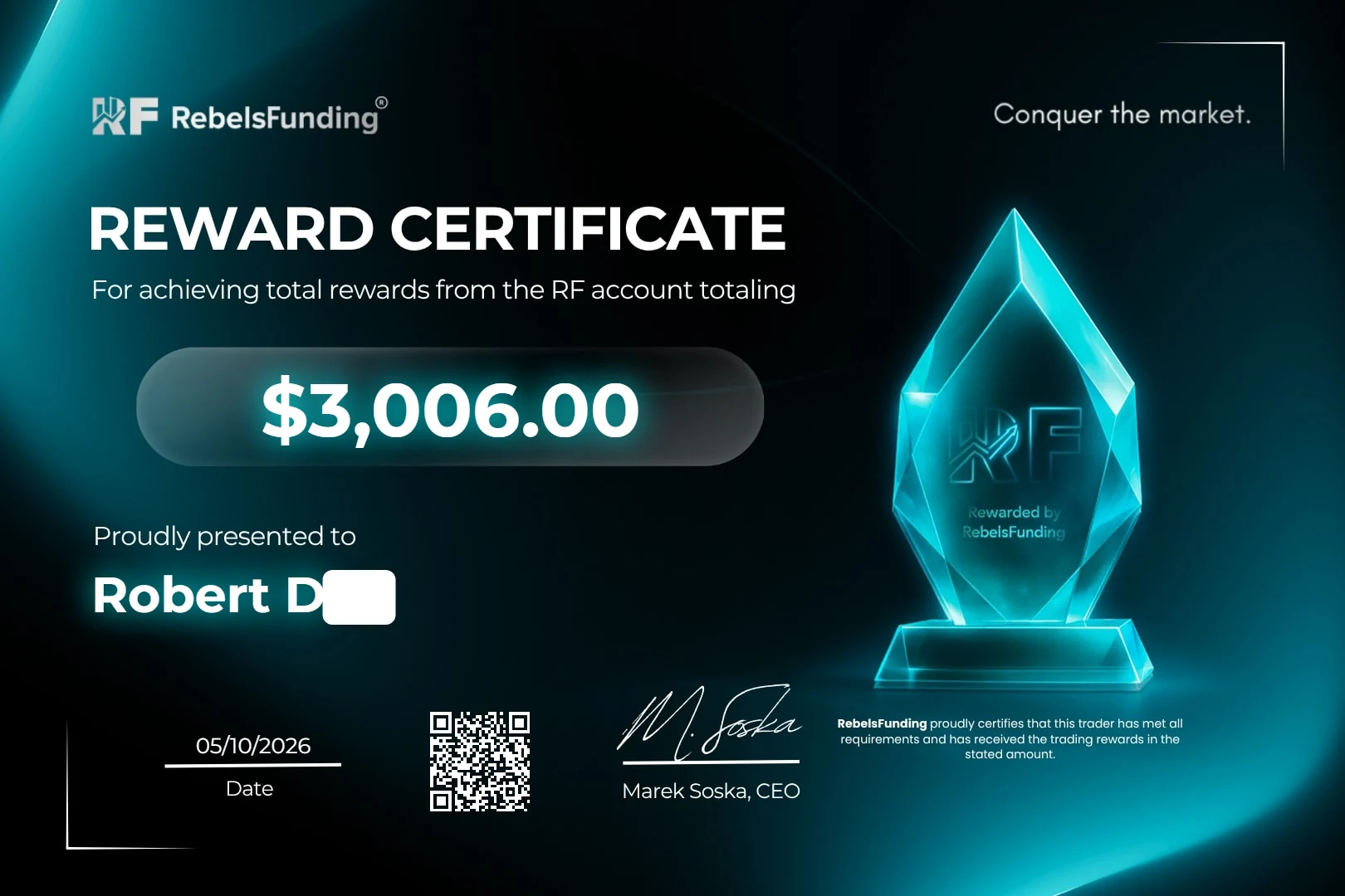 Reward certificate $3,006