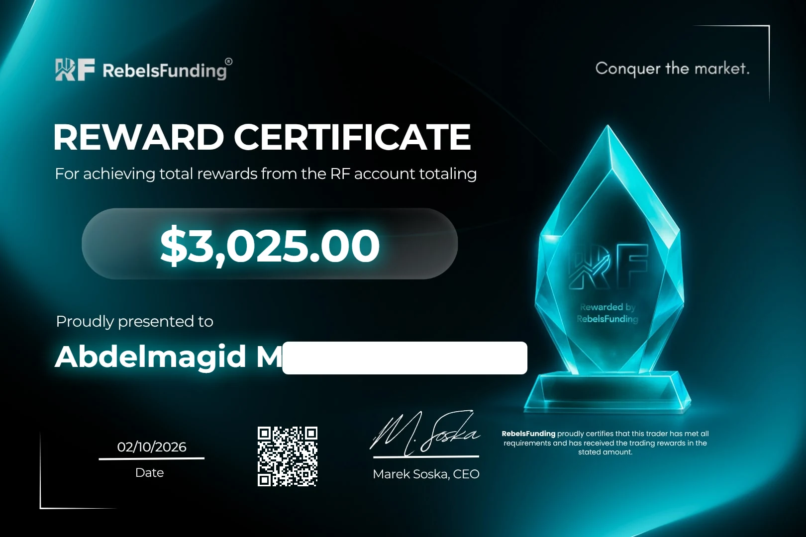 Reward certificate $3,025