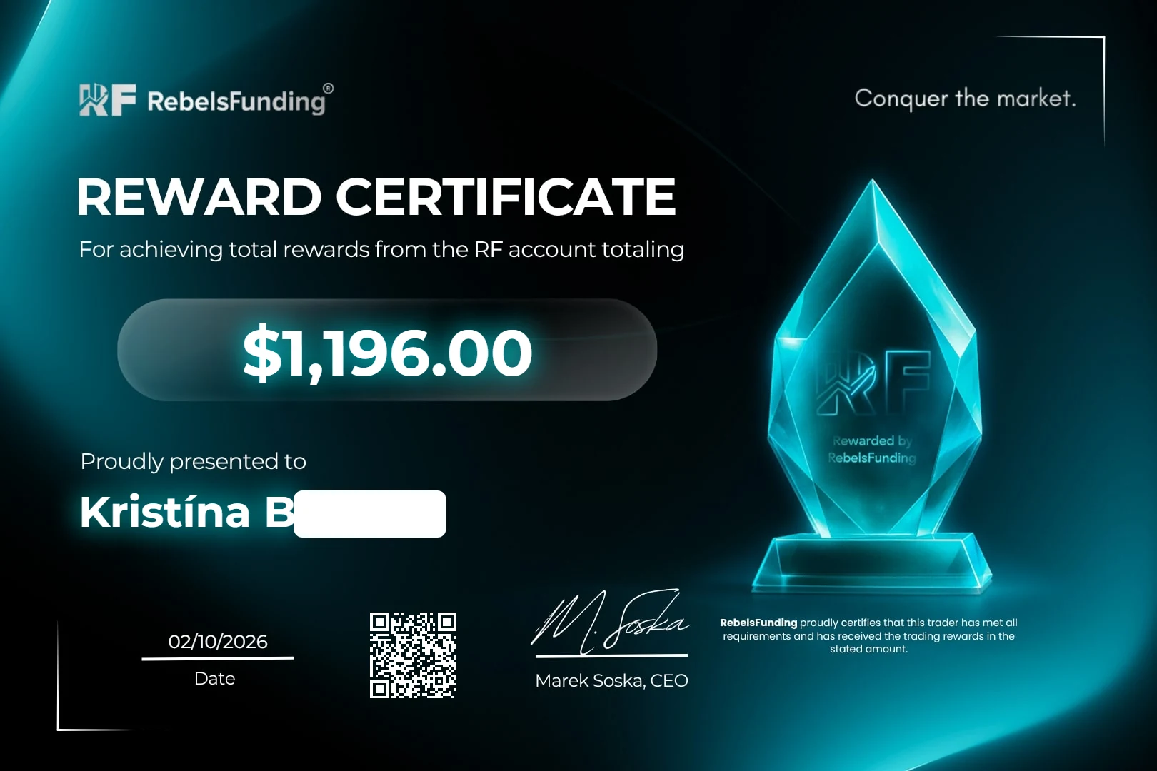 Reward certificate $1,196
