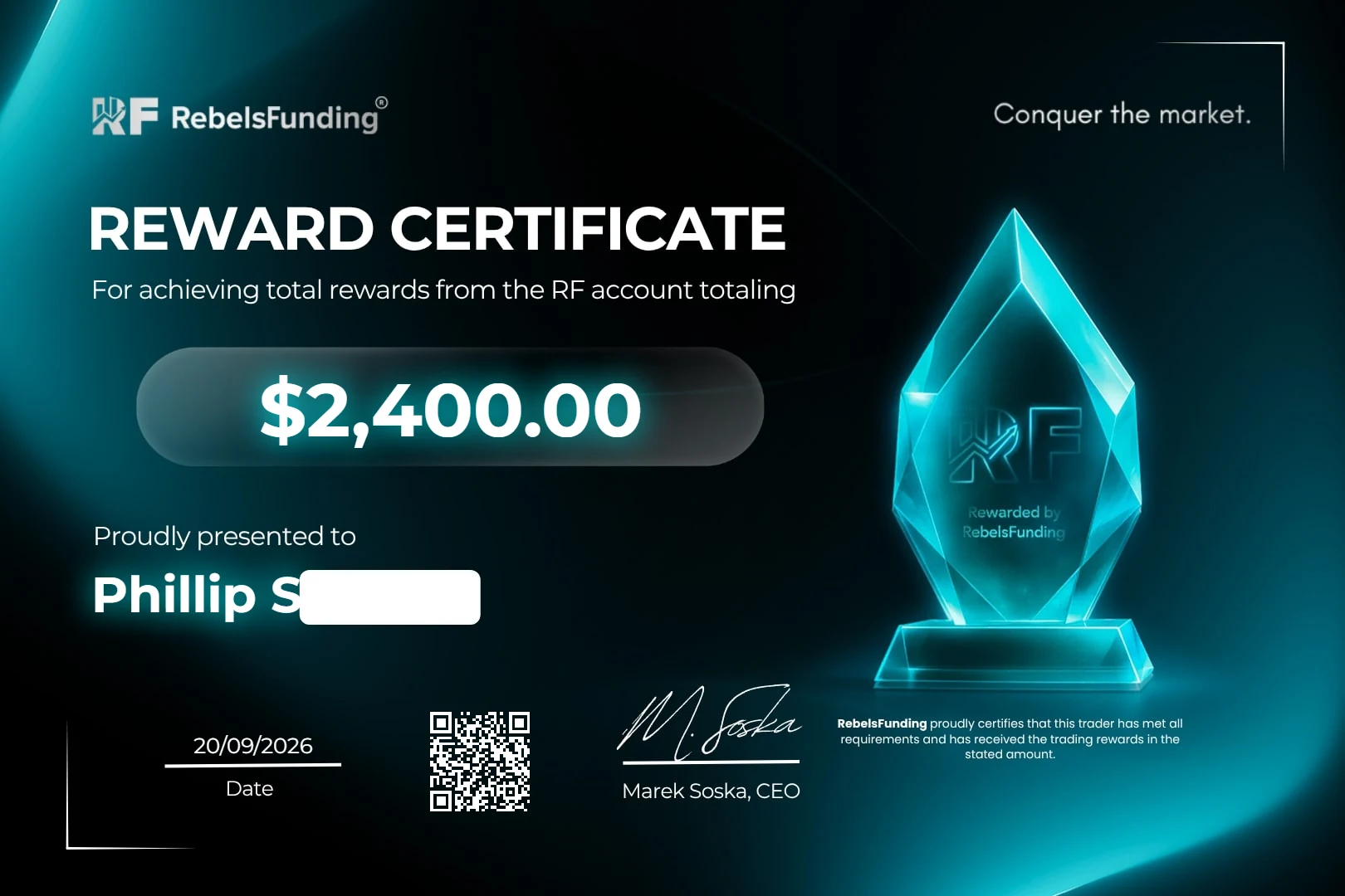 Reward certificate $2,400