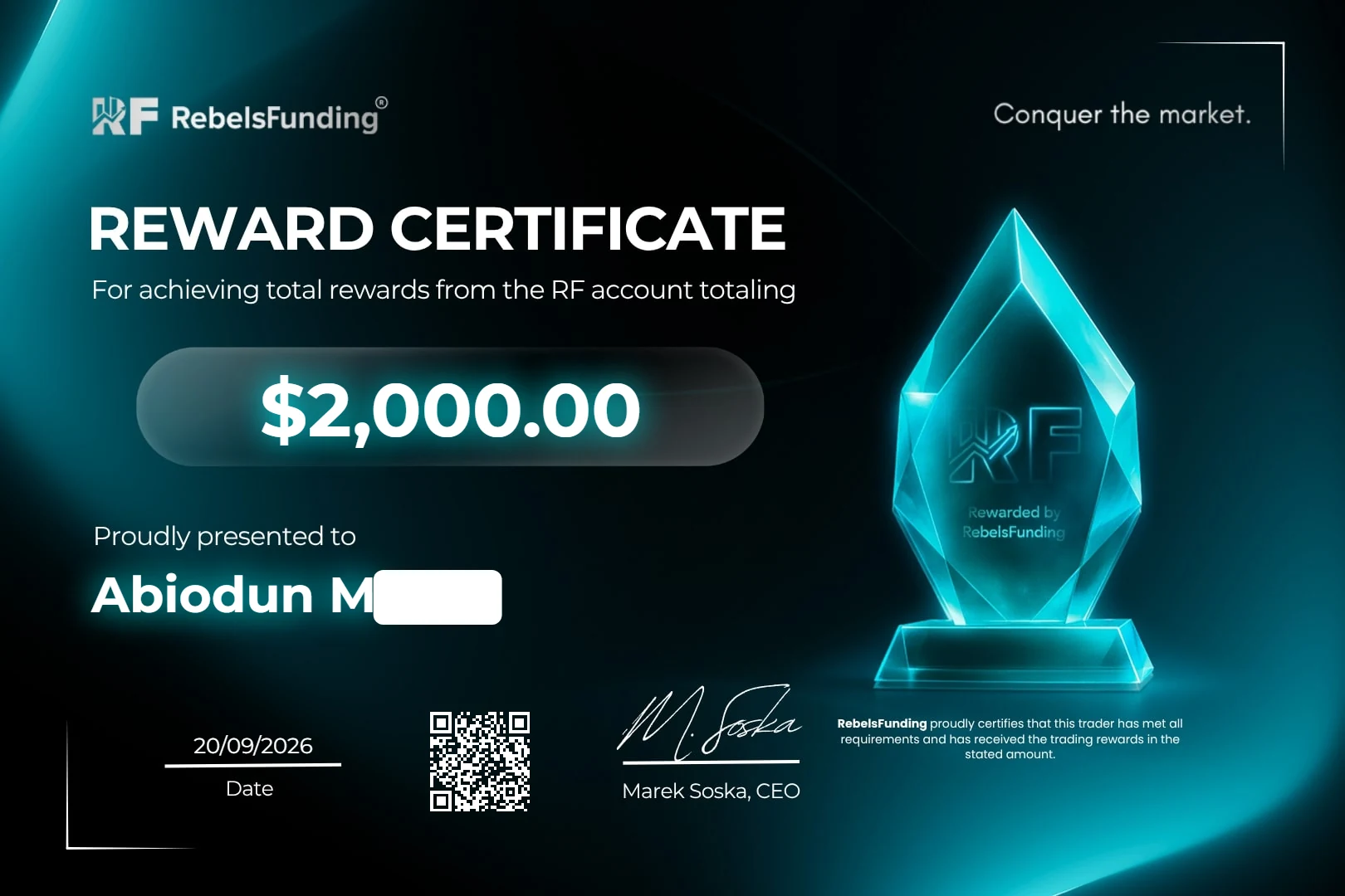 Reward certificate $2,000