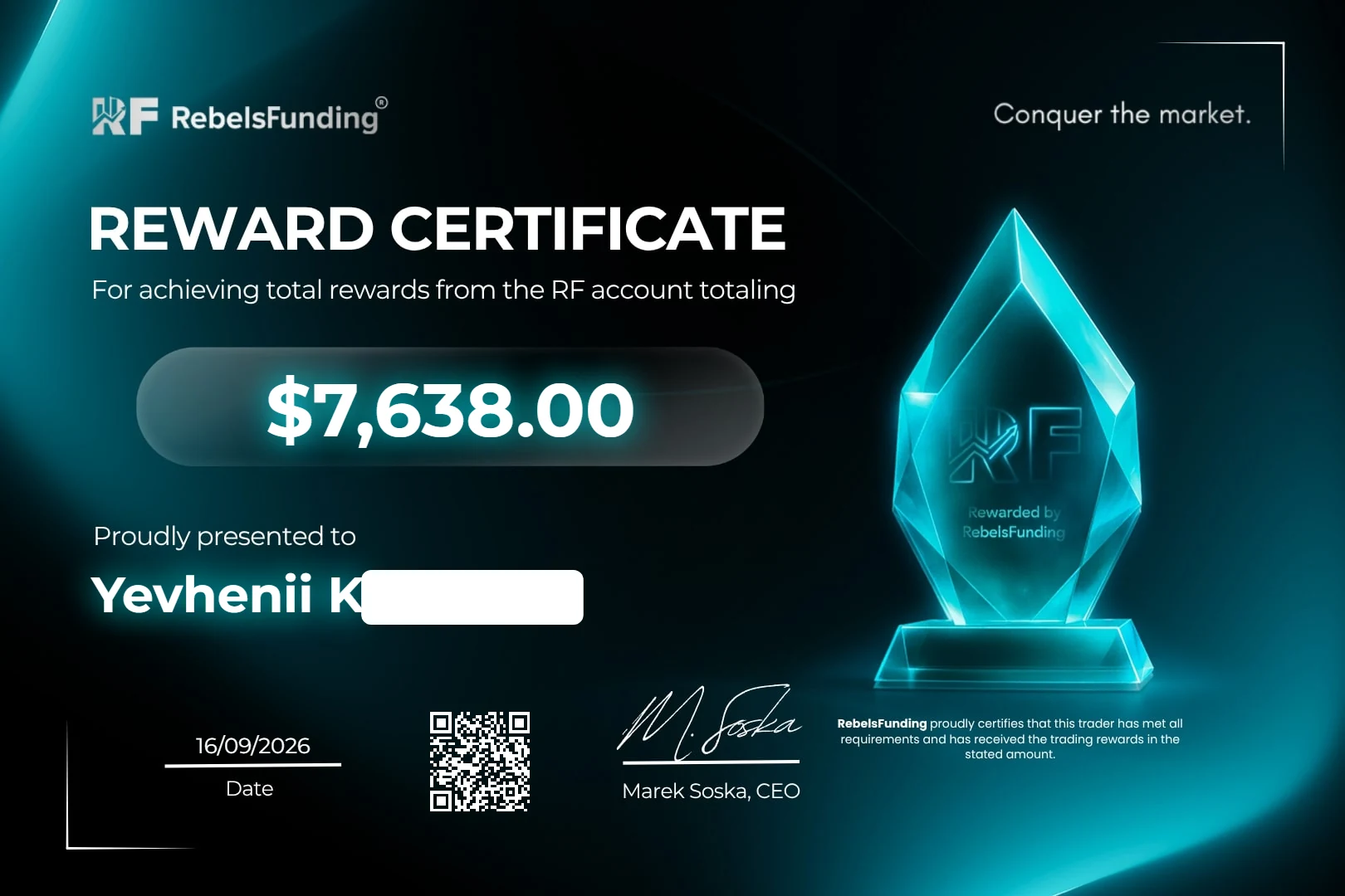 Reward certificate $7,638