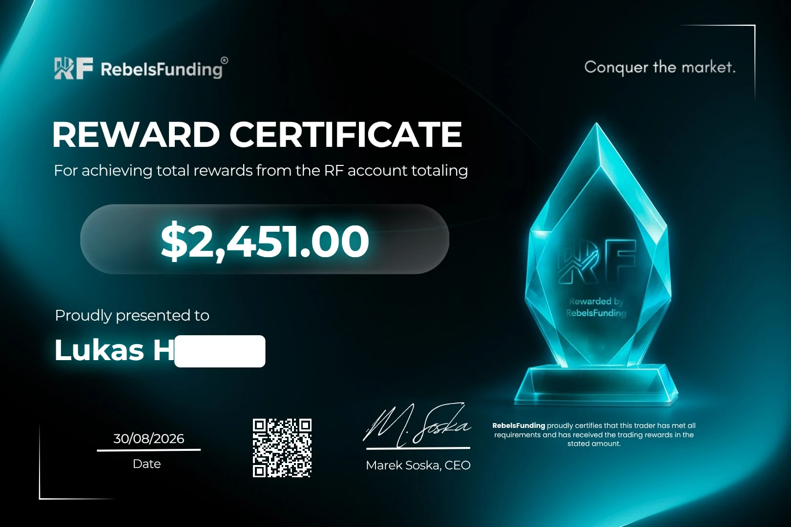 Reward certificate $2,451