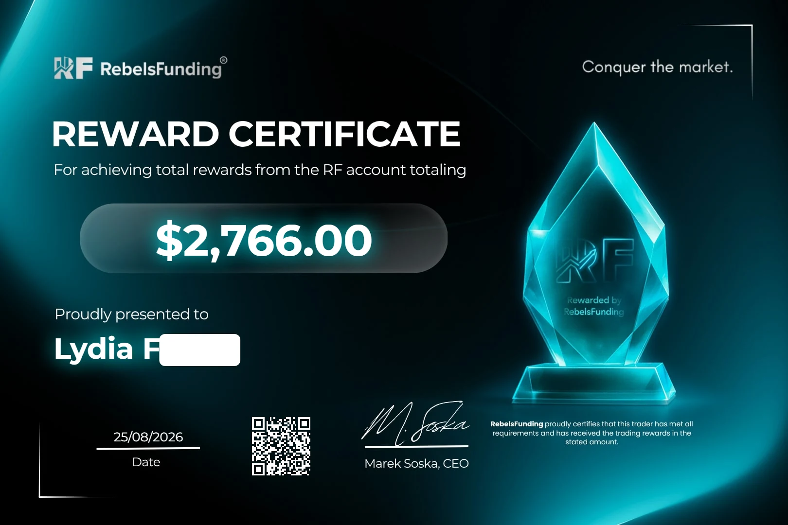 Reward certificate $2,766