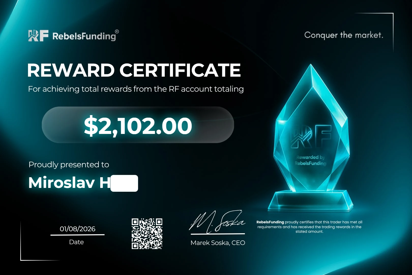 Reward certificate $2,102
