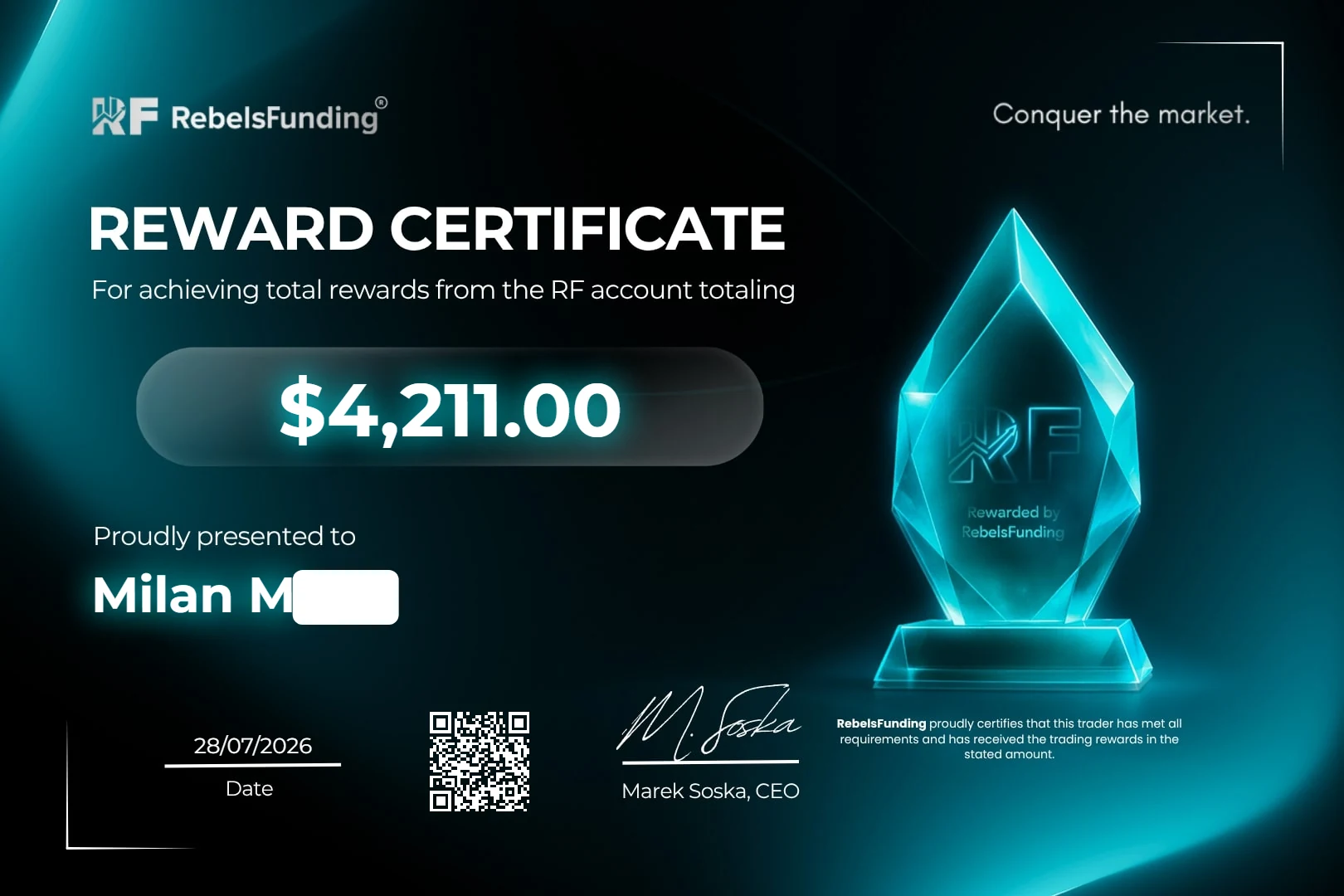 Reward certificate $4,211