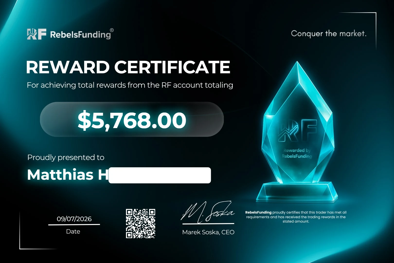 Reward certificate $5,768