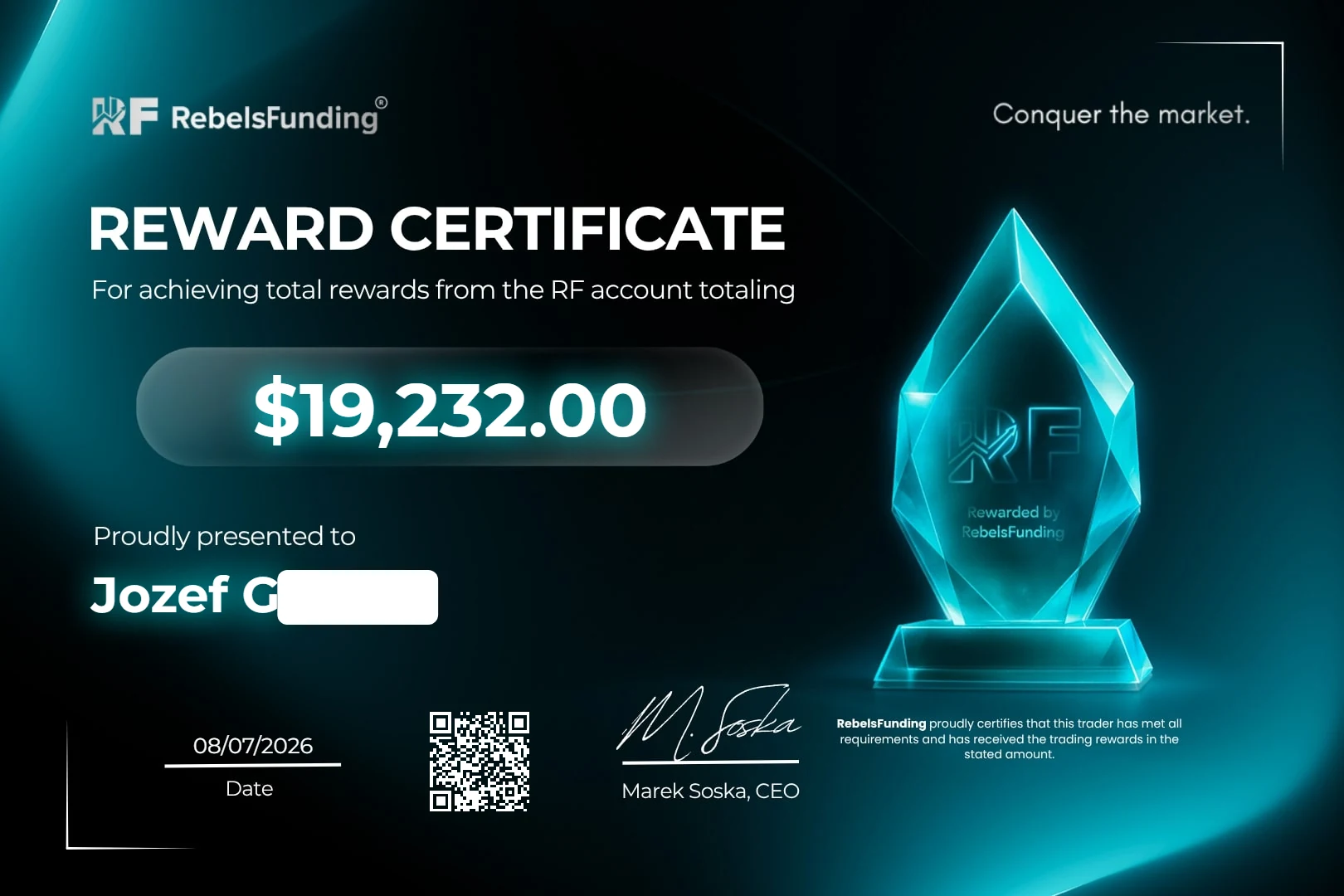 Reward certificate $19,232