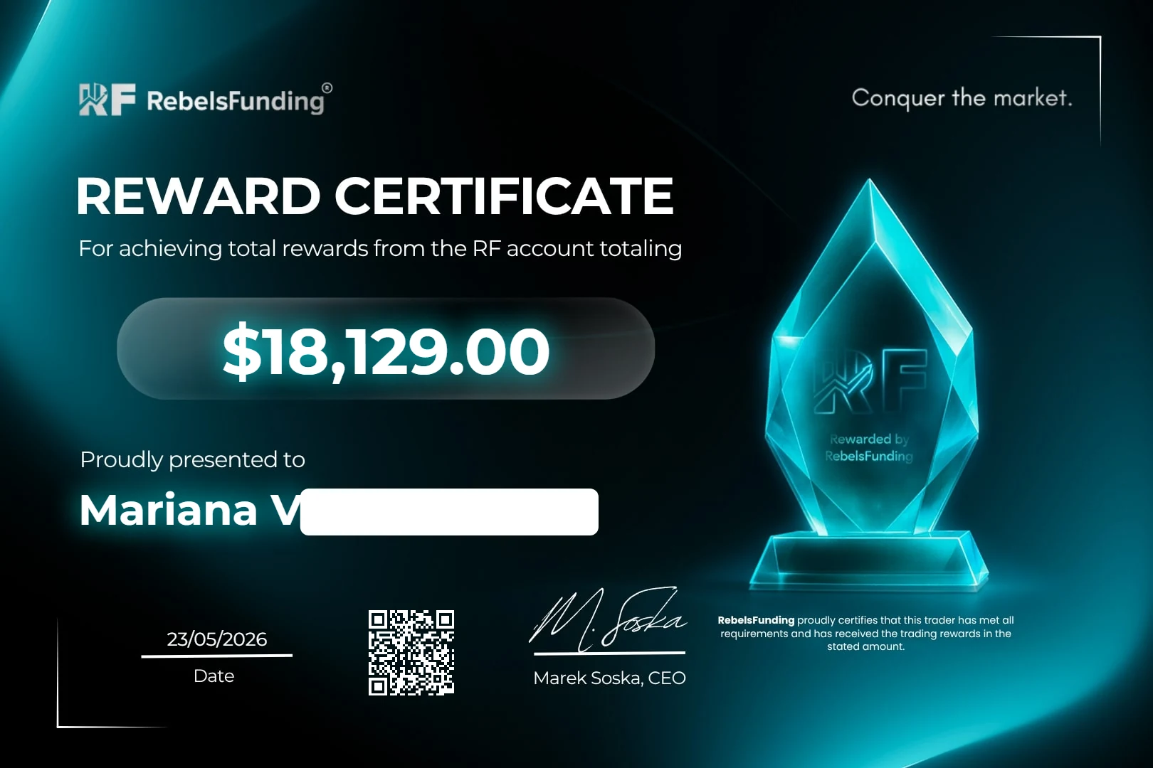 Reward certificate $18,129