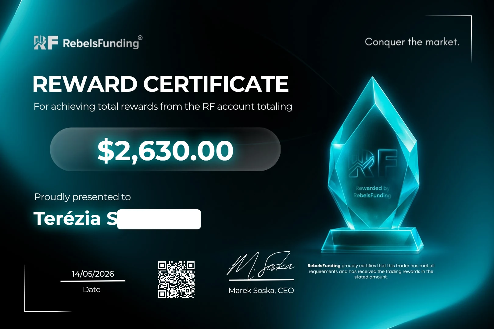 Reward certificate $2,630