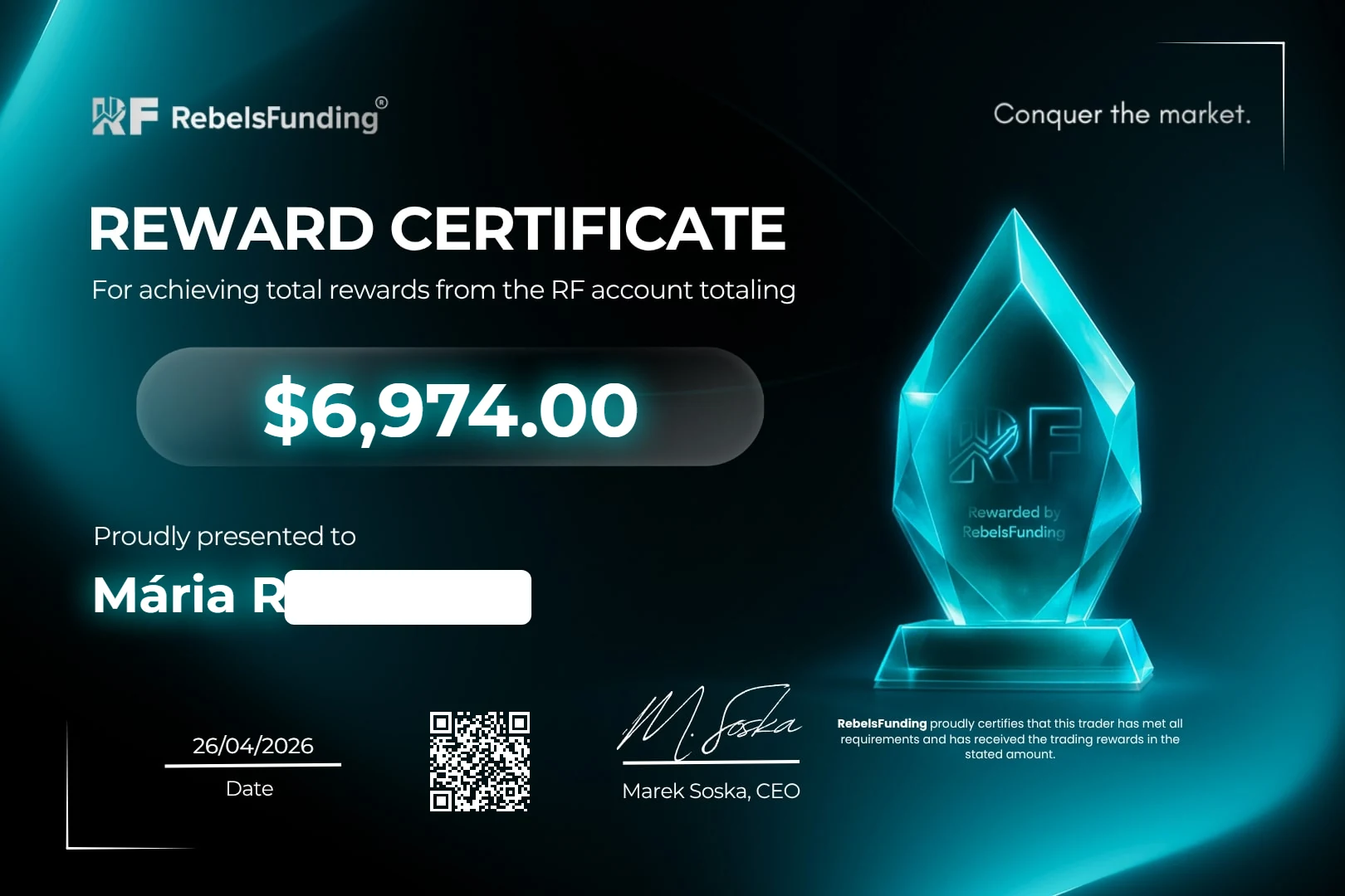 Reward certificate $6,974
