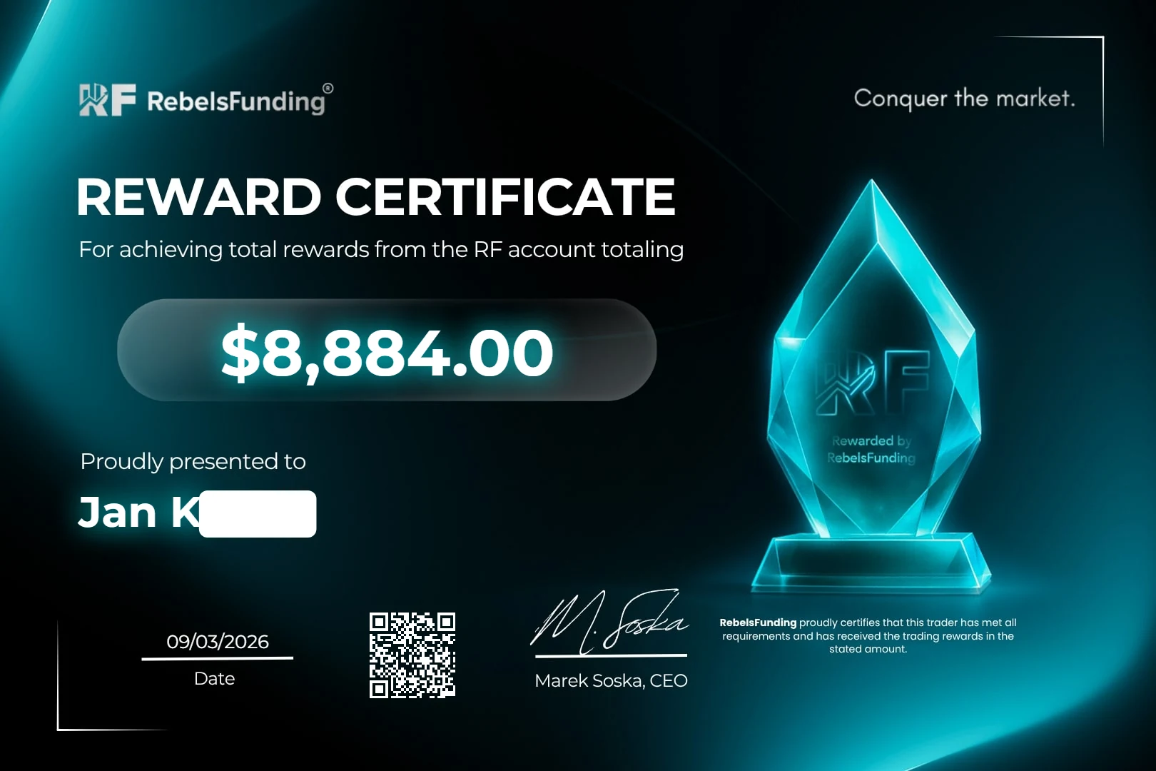 Reward certificate $8,884