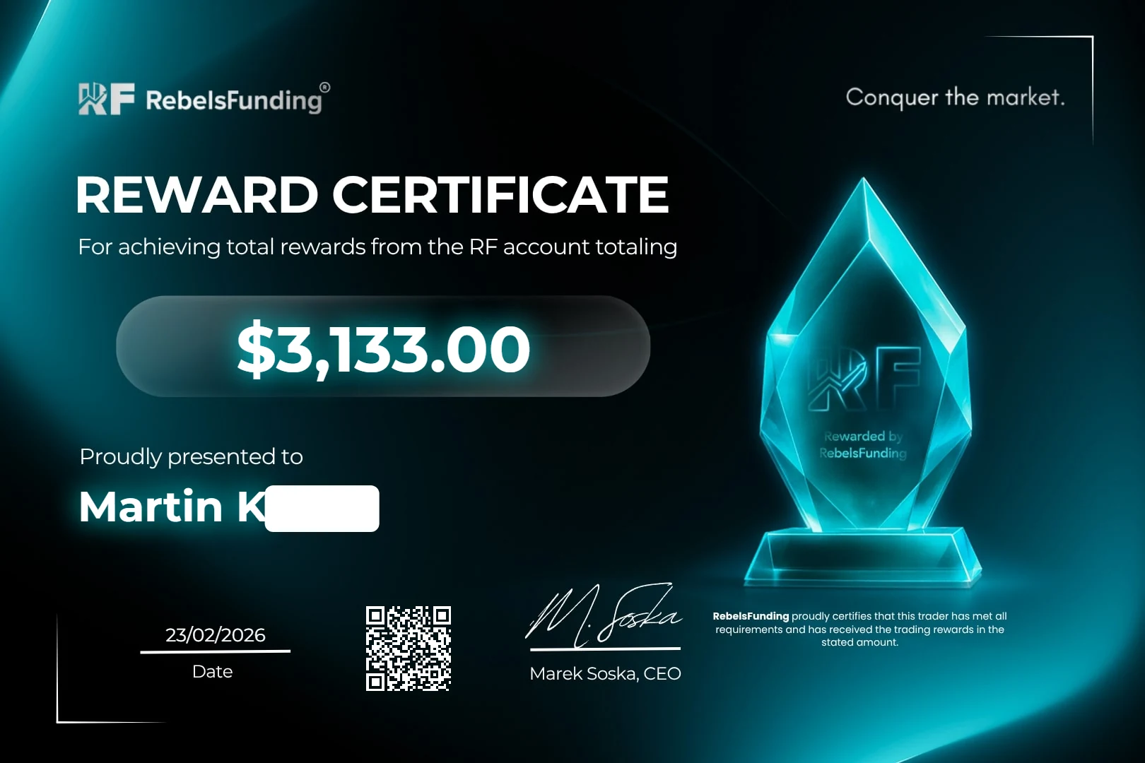 Reward certificate $3,133
