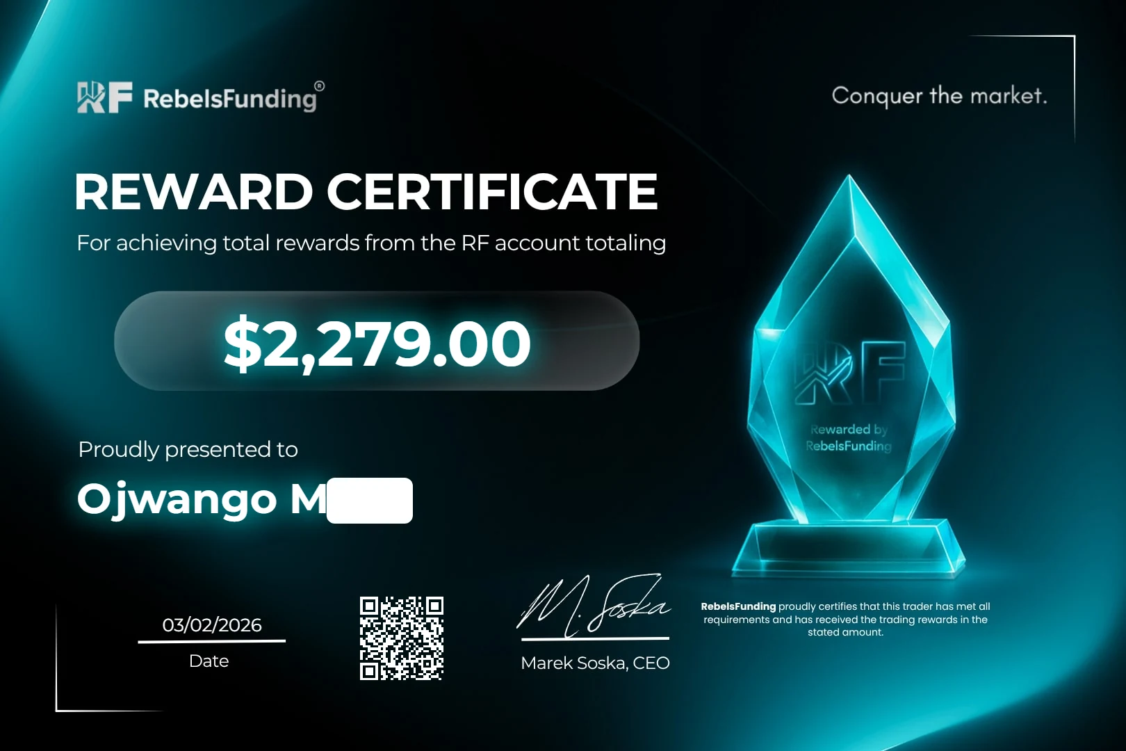 Reward certificate $2,279