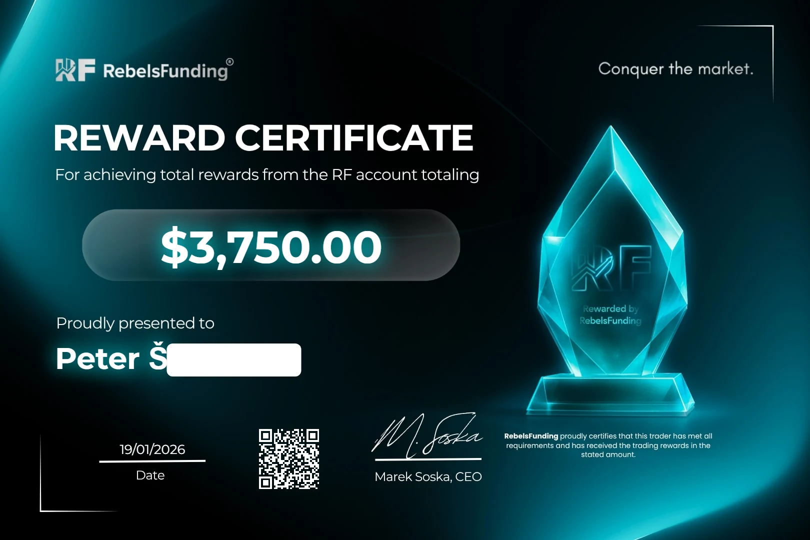 Reward certificate $3,750