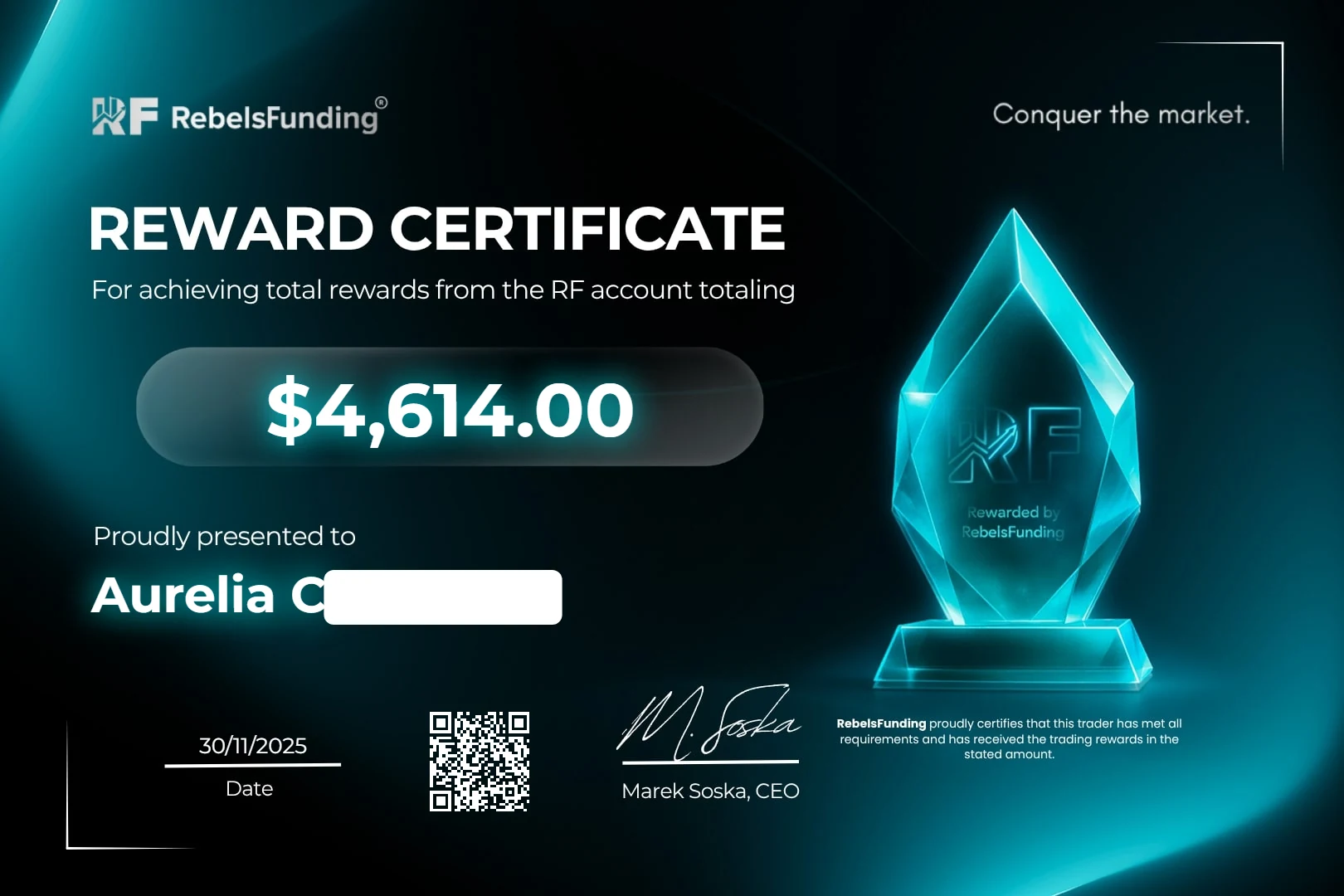Reward certificate $4,614