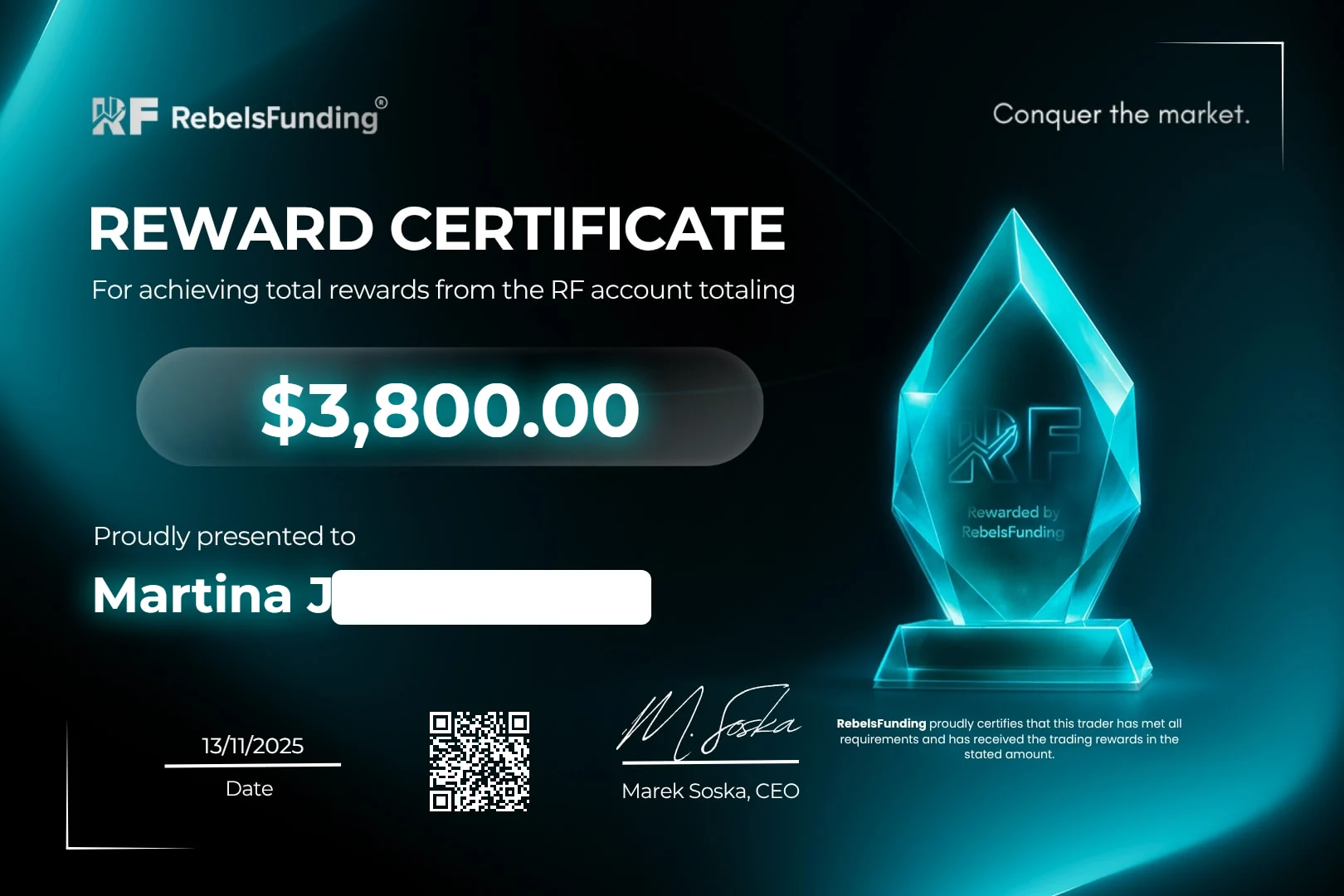 Reward certificate $3,800