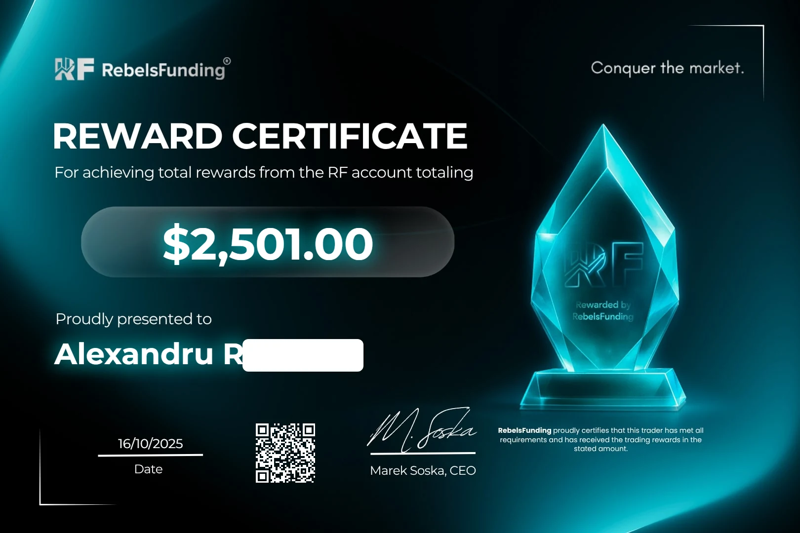 Reward certificate $2,501