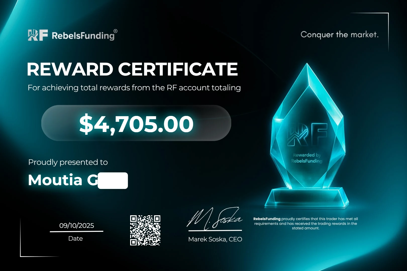 Reward certificate $4,705