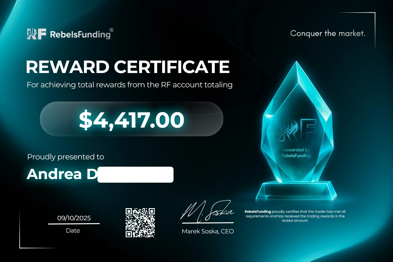 Reward certificate $4,417