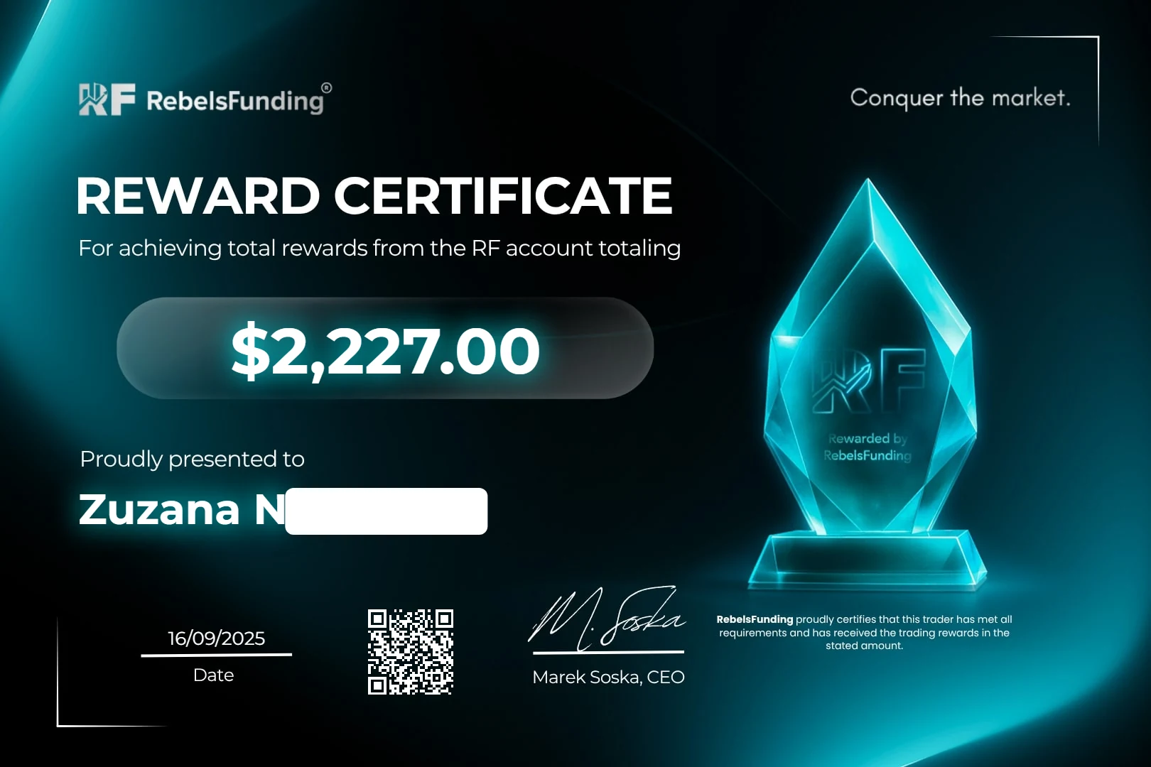 Reward certificate $2,227
