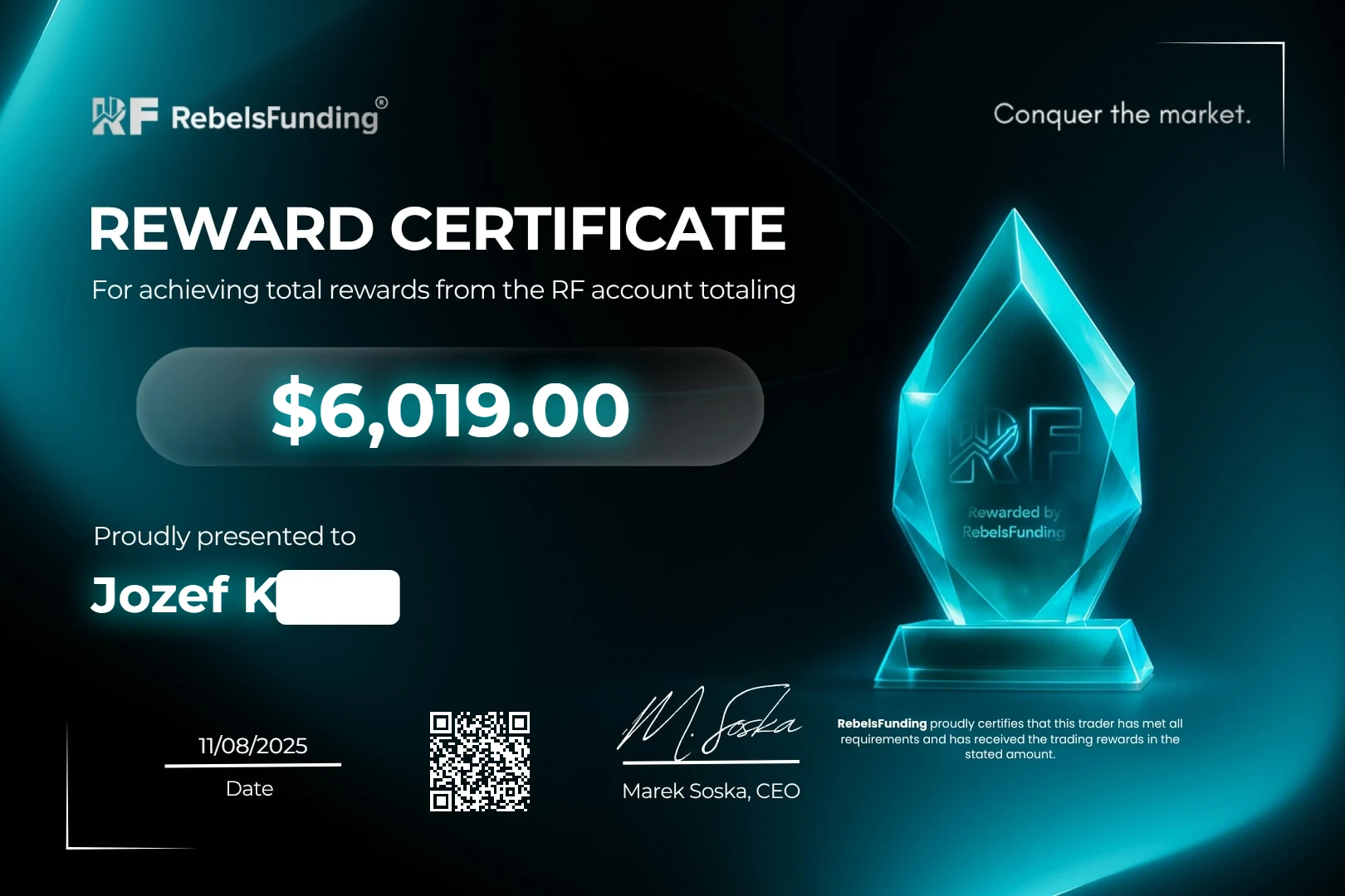 Reward certificate $6,019