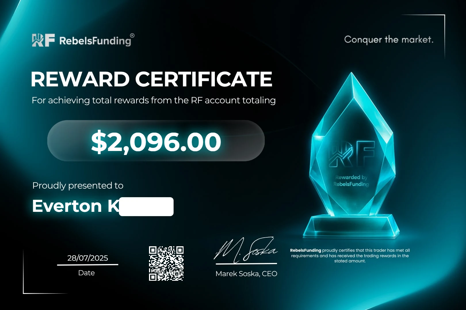 Reward certificate $2,096
