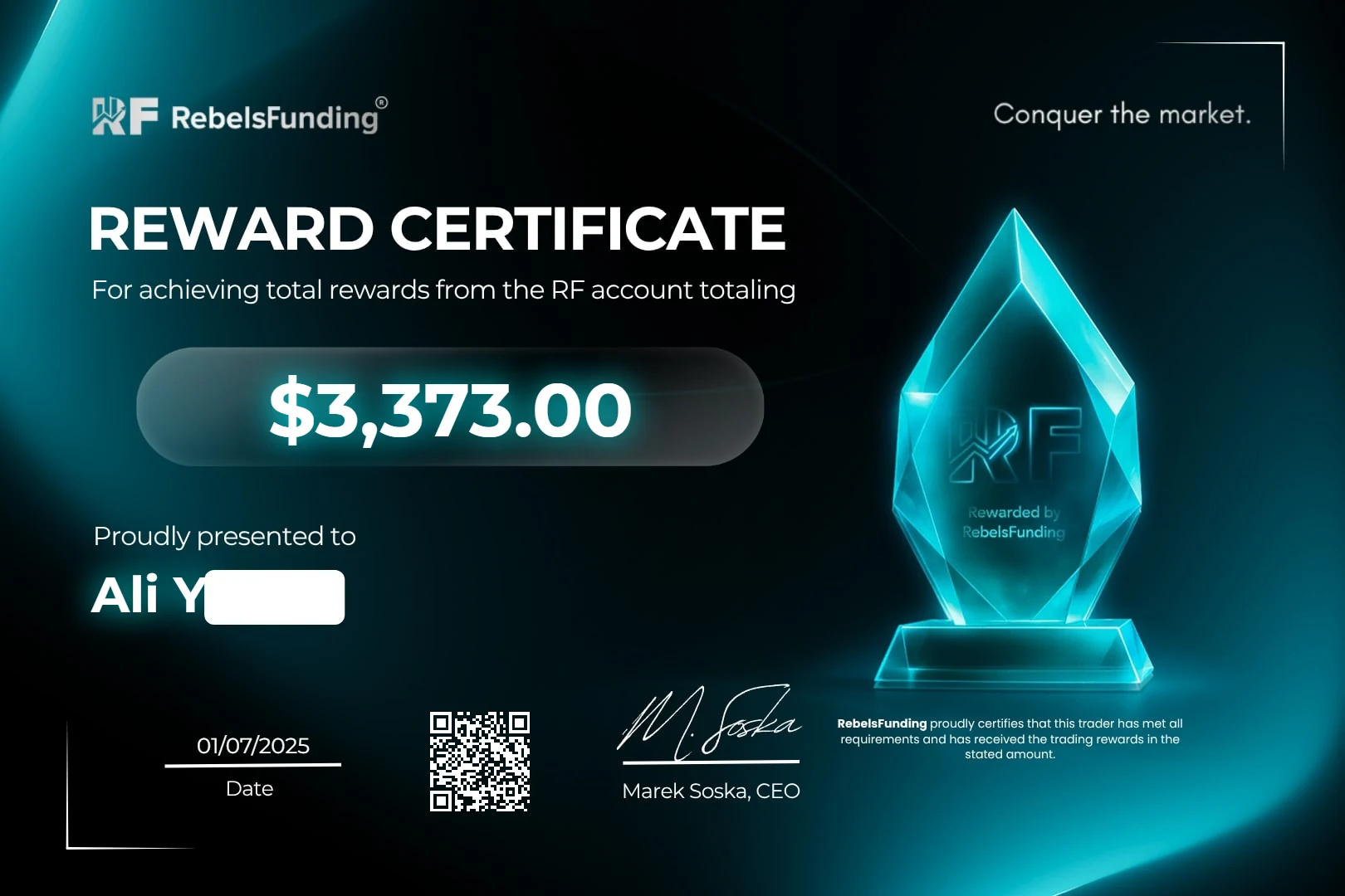 Reward certificate $3,373